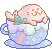 a periwinkle teacup with a rain, clouds, and rainbow design with a pink seal inside