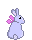 pale lilac bunny with pink wings sitting away from the viewer