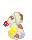 a cream holland lop pixel bunny with a strawberry in its mouth and paint splatters on its fur